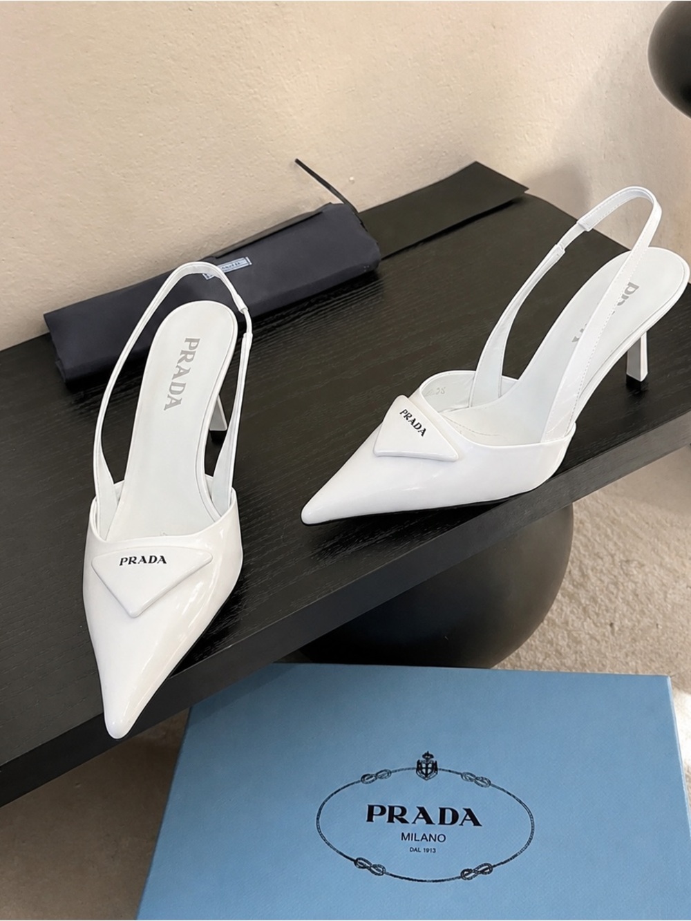 Prada White Pointed Leather Slingback Pumps with Logo Plaque - Picture 4 of 5
